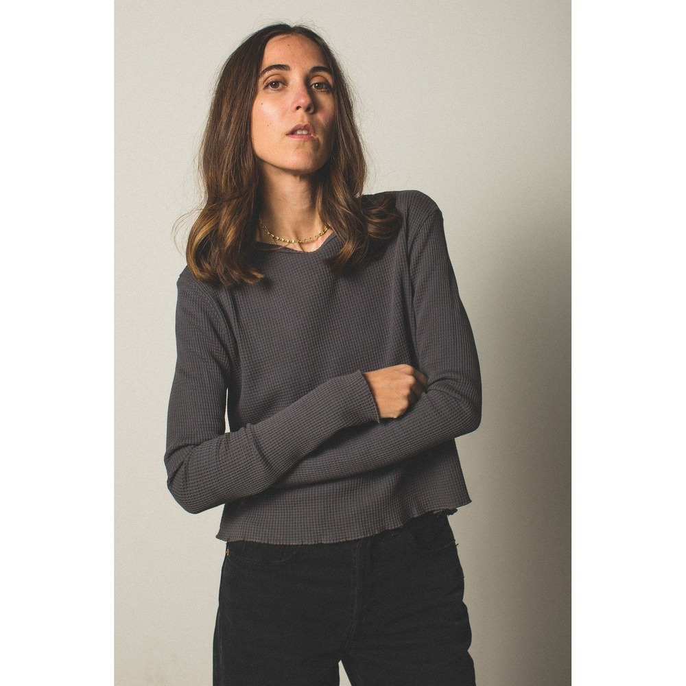 Groceries Apparel Waffle Knit Thermal Long Sleeve Cropped T-Shirt Green XS
